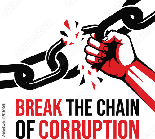 Break the chain of corruption concept with a strong hand snapping metal links representing justice and the fight against systemic bribery and dishonesty