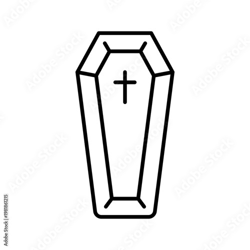 Coffin cross icon. Religion and funeral line symbol. Black and white.
