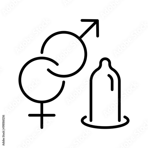Condom protection icon. Healthcare and contraception line symbol. Black and white.