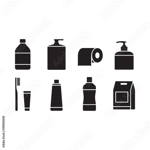 A collection of bathroom essentials depicted as simple black glyph icons on a white background