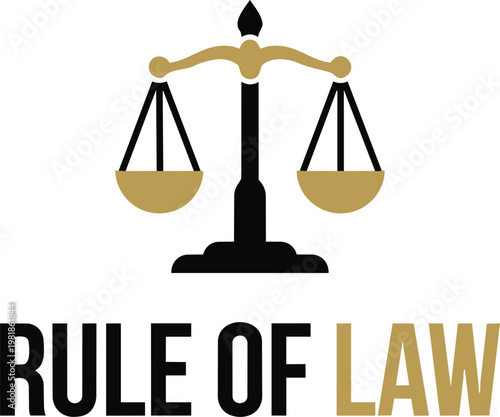 Rule of law conceptual illustration featuring scales of justice and elegant typography for legal branding and judicial authority representation
