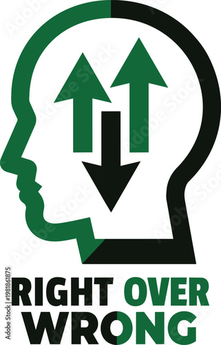 Human head profile silhouette with green and black arrows indicating right over wrong ethical decision making concept vector illustration