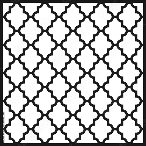 Vector illustration of an square architectural panel with a Moroccan quatrefoil or lattice pattern. This geometric design is optimized as a template for laser cutting and CNC milling.