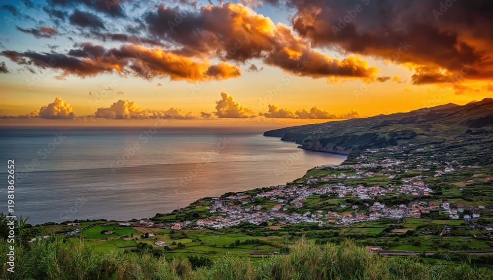 Obraz premium Coastal town nestled beneath a sunset sky, with the ocean and landscape in sight