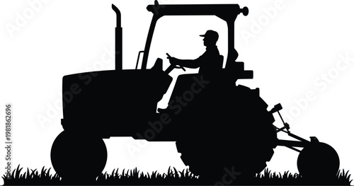 Farmer driving tractor silhouette, agriculture machinery vector illustration, rural farming equipment isolated design