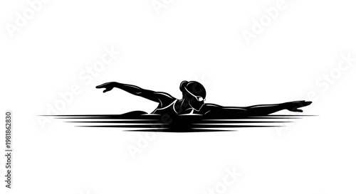 Silhouette of a swimmer performing freestyle stroke, dynamic water movement, sport vector illustration