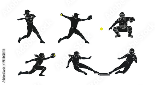 Softball Player Silhouettes: Action Poses for Sports Graphics