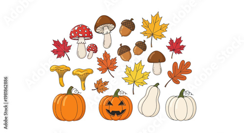 Autumn Elements Collection: Pumpkins, Mushrooms, Acorns, and Leaves