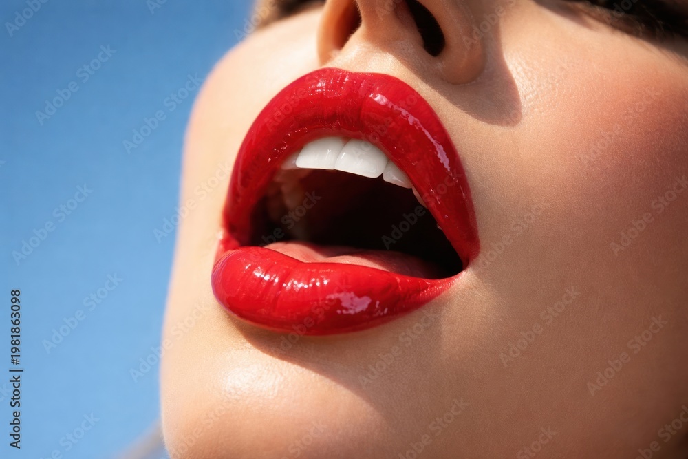 Obraz premium Glossy red lips under sky