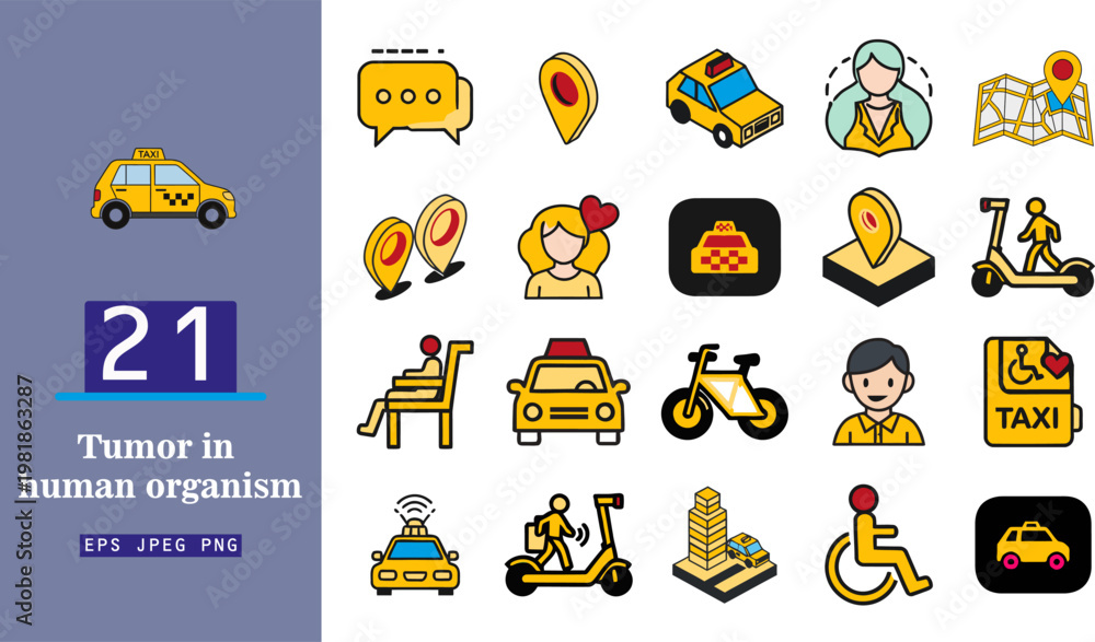 Fototapeta premium Vector graphic illustration set featuring various urban transportation and navigation related icons. This modern design includes different taxi cars, location map pins, scooter, bicycle, and diverse p