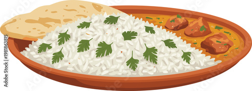 Indian food plate with rice curry and naan bread, traditional cuisine vector illustration