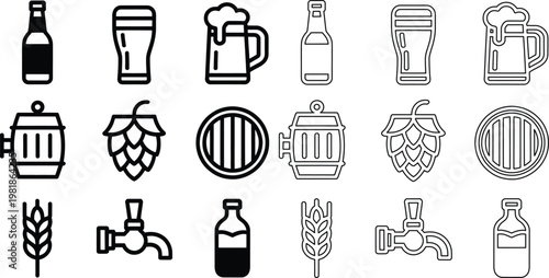 Beer related line including bottles, glasses, hops, and barrels