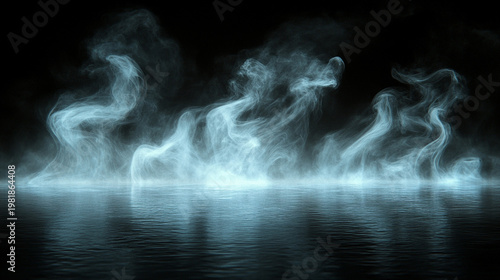 Glowing smoke rising over reflective water on dark background