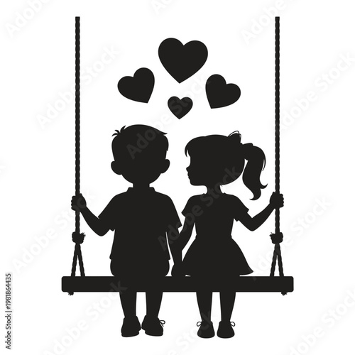 Silhouette of loving couple children sitting on swing with hearts above them perfect for valentine's day, love and friendship concepts, and family.