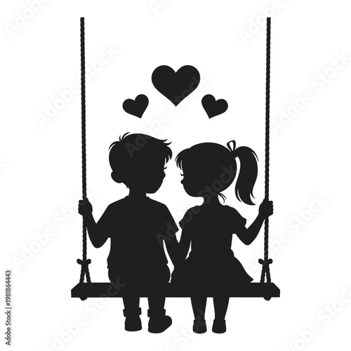 Silhouette of loving couple on swing with hearts, romantic illustration for valentine's day, love and relationship concept, black and white graphic.