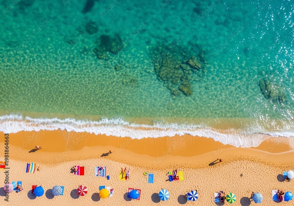 Fototapeta premium Azure Embrace: Where Sun-Kissed Sands Meet Ocean's Whisper