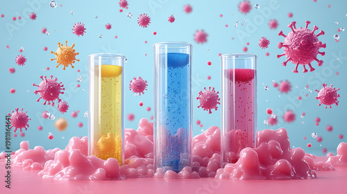 Lab test tubes with colorful liquids, virus models in pink foam, blue background