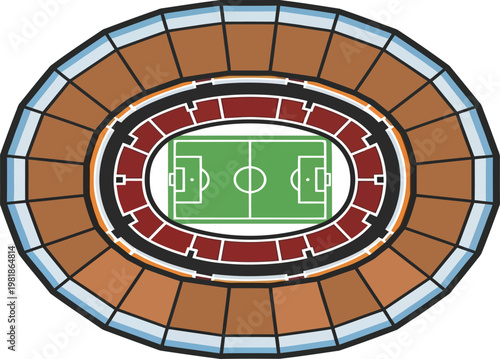 Soccer Stadium Aerial View with Green Football Field and Seated Crowd