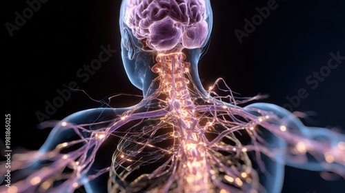Detailed visualization of the human nervous system highlighting brain and spinal cord with extending nerve fibers