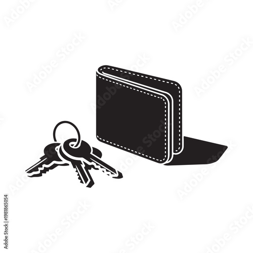 Black and white illustration of a wallet and keys simple design