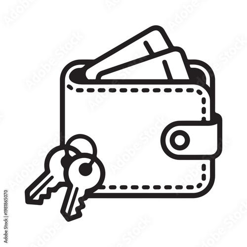 A black and white line drawing of a wallet with cash and keys