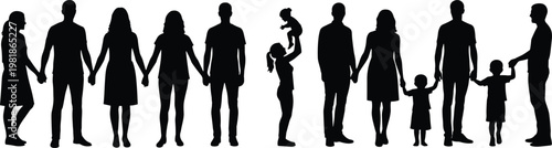 Big Collection of Happy Family Silhouettes Including Couples Holding Hands Parents with Children and Mother Lifting Baby for Real Estate Insurance Marketing and Social Community Vector