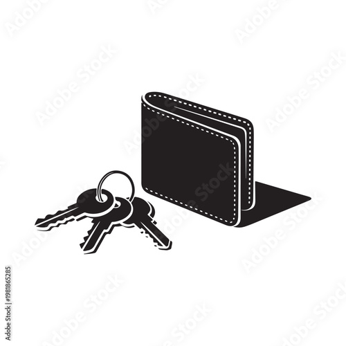 Black and white illustration depicting a wallet and a set of keys