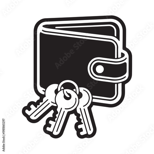 Black and white illustration of a wallet with keys hanging from it