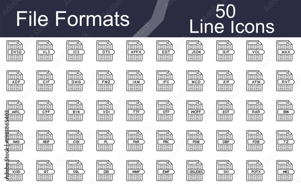 Fototapeta premium File Formats Line Icons Set Minimal Data and Document Outline Collection