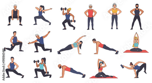 Set of 15 diverse people exercising vector illustration