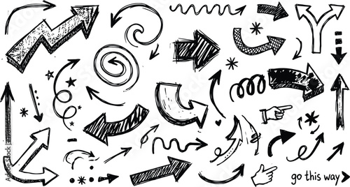 Hand drawn doodle arrows and sketch elements collection on transparent background.