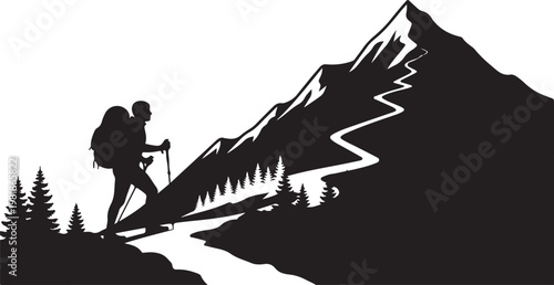 Mountain Hiking Silhouette, Adventure Black Vector Isolated on White Background.