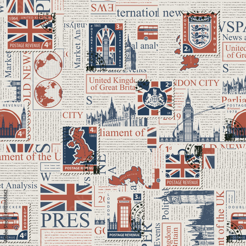 Vector seamless pattern on UK and London theme with postage stamps and postmarks on the background of newspaper in retro style. Suitable for wallpaper, wrapping paper or fabric. No ai