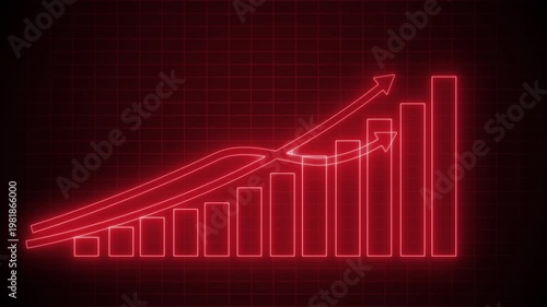 Neon upward bar chart with growth arrows animation