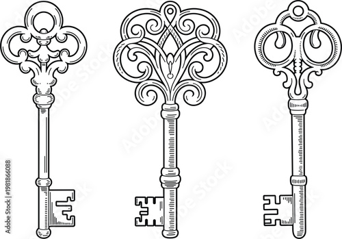 Ornate vintage keys illustration, antique decorative key designs set for lock and security