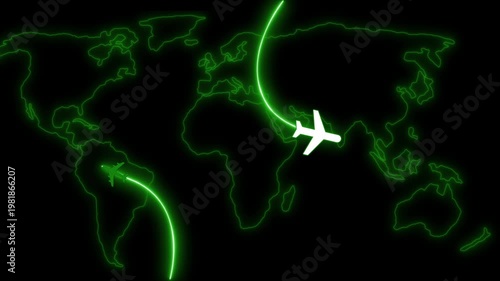 Minimalist world map with airplane and flight paths animation