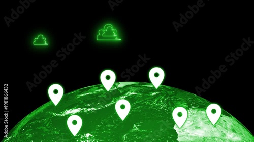 Digital map with location markers and clouds animation