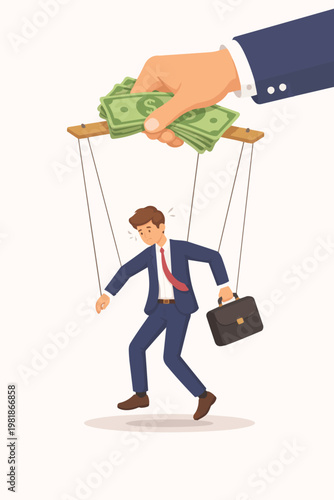 Businessman controlled by money like puppet vector illustration, financial pressure concept, manipulation by wealth, corporate stress, bribery influence, economic control, career struggle.