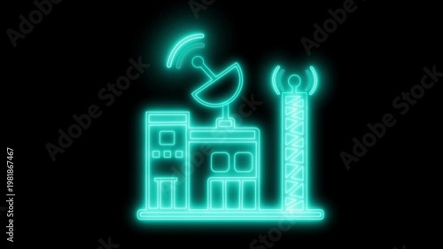 Neon telecom network icon with satellite dish and tower animation