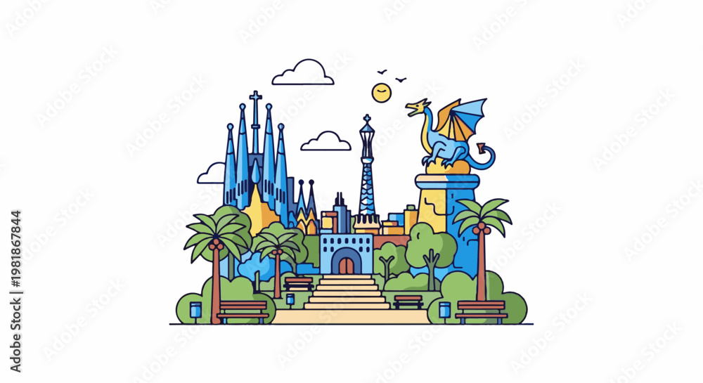 Naklejka premium Stylized cityscape featuring iconic architecture, dragon statue, and park elements