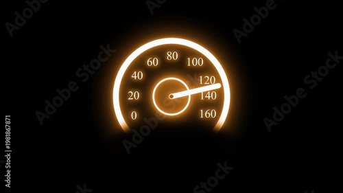 Glowing speedometer gauge at night showing high speed animation