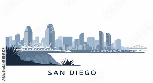 Stylized cityscape featuring waterfront convention center, tall buildings, and bridge