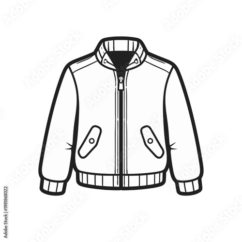 Minimalist black and white vector illustration of a stylish bomber jacket icon, representing casual fashion and outerwear concepts for modern apparel design