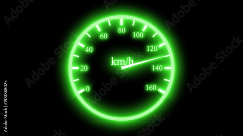 Glowing speedometer dial showing km/h on dark background animation