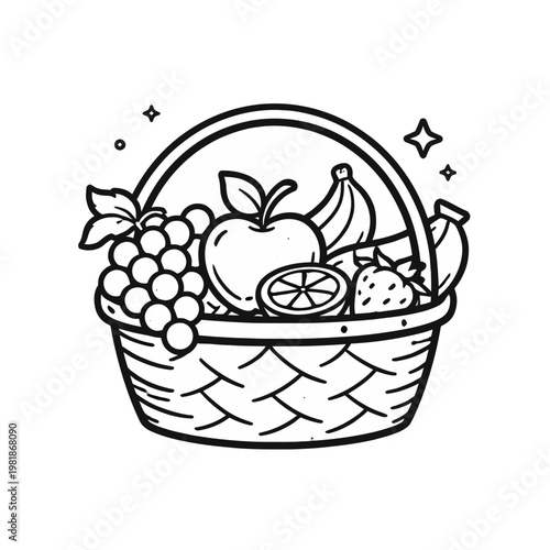 Outline icon of a delicious and healthy fruit basket, representing freshness, a natural harvest, and nutritious organic eating for a vibrant lifestyle and balanced diet