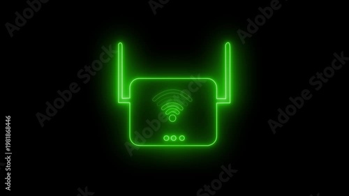 Glowing neon wifi router icon animation on black background