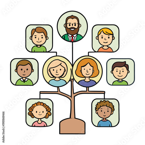 A people family tree illustrates generations connected by roots of ancestry, showing parents, children, and relatives branching out, symbolizing heritage, identity, and shared history.
