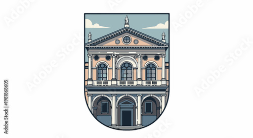 Stylized classical building with arched windows, columns, and statues under clouds