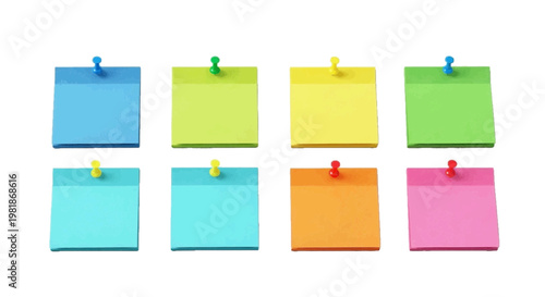 Vector illustration of set of eight colorful sticky notes pinned on on a transparent background