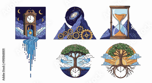 Stylized clocks and time symbols in a pixelated art style